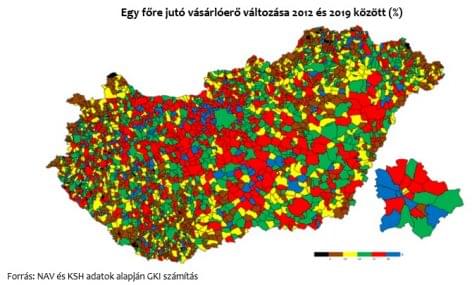 A vásárlóerő növekedése Magyarország településein 2012 és 2019 között